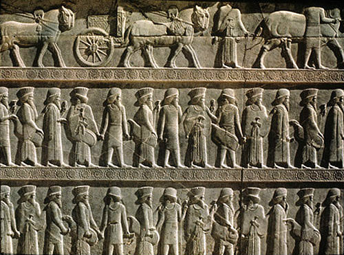 Iran, formerly Persia, Persepolis, capital of the Achaemenid Empire, bas-relief of tributary people on audience hall (Apadana) of palace of Darius, begun 515 BC